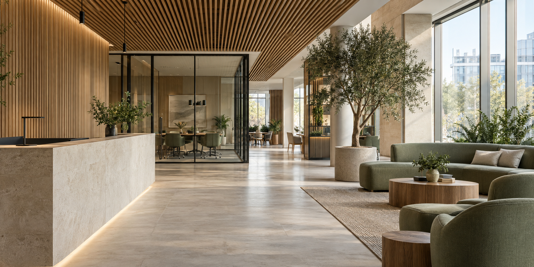 Concept workplace interior with oak ceiling, glazed meeting rooms and sage-green seating